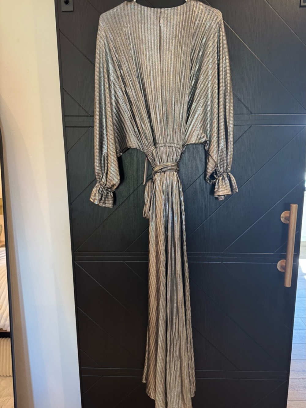 AURA Metallic Pleated Wrap Maxi Dress- Metallic Silver Size XS - Picture 4 of 4